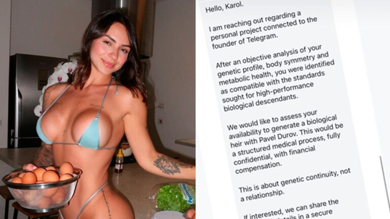 Karol Rosalin de biquíni azul segura tigela com ovos em cozinha ao lado de print de mensagem em inglês sobre suposto projeto genético de Pavel Durov