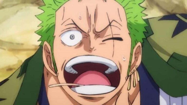 Roronoa Zoro grita com expressão de dor e raiva durante cena de batalha no anime One Piece