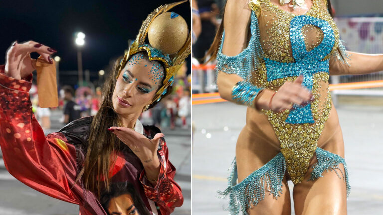 Mari Marquini de maquiagem artística azul e adereço de cabeça dourado ao lado de detalhe de fantasia azul e dourada com brilhos no Carnaval à noite
