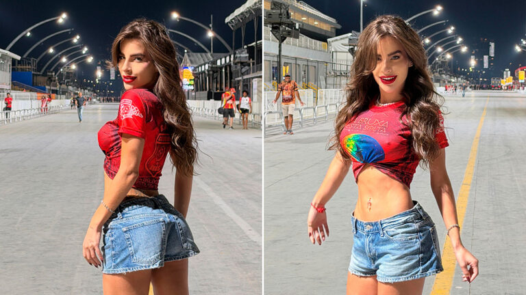 Mari Marquini posa de batom vermelho e shorts jeans curto em montagem de duas fotos na passarela do samba iluminada com arquibancadas ao fundo à noite