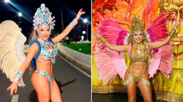 No díptico, Marina Orlanda aparece em duas ocasiões de Carnaval: à esquerda, sorri com fantasia azul claro e asas brancas na rua; à direita, posa com traje dourado, coroa e asas rosa em frente a um carro alegórico colorido