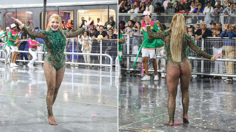 Marina Orlanda sorri com braços abertos em montagem de duas fotos usando macacão transparente com pedrarias verdes no sambódromo durante o Carnaval
