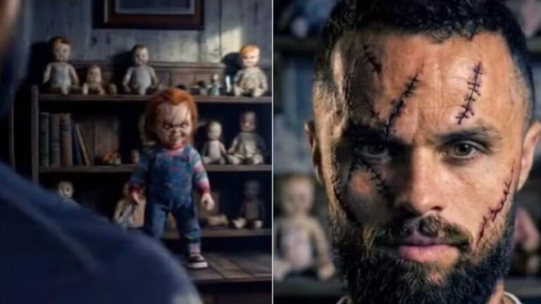 Montagem com duas cenas de tom sombrio: à esquerda, o boneco Chucky está em uma sala cheia de outras bonecas antigas; à direita, um homem aparece com o rosto coberto por cicatrizes costuradas, em clima de terror.