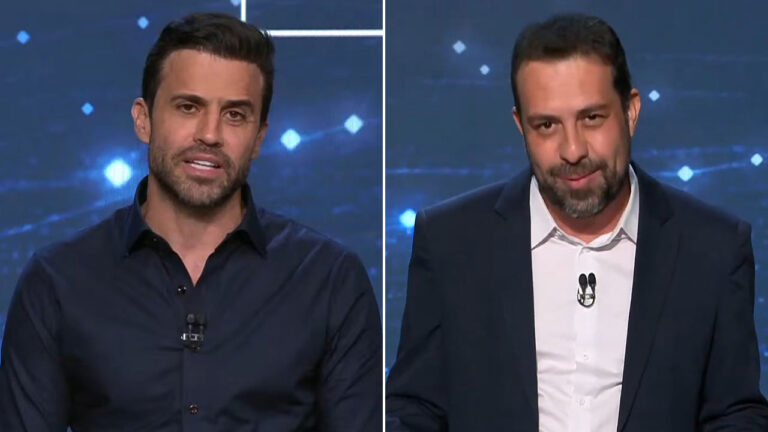 Pablo Marçal usa camisa social azul escura e Guilherme Boulos veste paletó azul com camisa branca em montagem lado a lado durante debate na Band