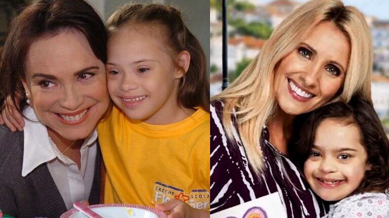 Montagem com duas fotos lado a lado mostra mulheres sorrindo e abraçando meninas em momentos de carinho. À esquerda, mulher de cabelo escuro posa com criança usando camiseta amarela; à direita, mulher loira sorri ao lado de menina com cabelo escuro. As imagens destacam vínculo afetivo e contexto familiar.