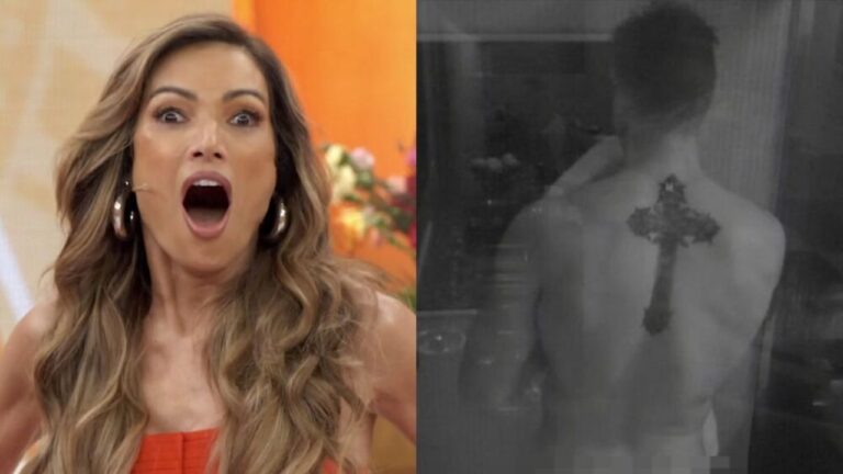 Imagem dividida em duas partes: à esquerda, apresentadora de TV com expressão de surpresa e boca aberta em estúdio iluminado; à direita, imagem em preto e branco mostra homem de costas com tatuagem grande de cruz nas costas, registrada por câmera interna.