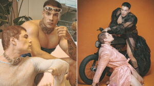 Montagem com Fábio Marques de óculos e Rafa Marttinz de blusa de rede à esquerda e à direita ambos posam com moto e roupas de brilho e transparência