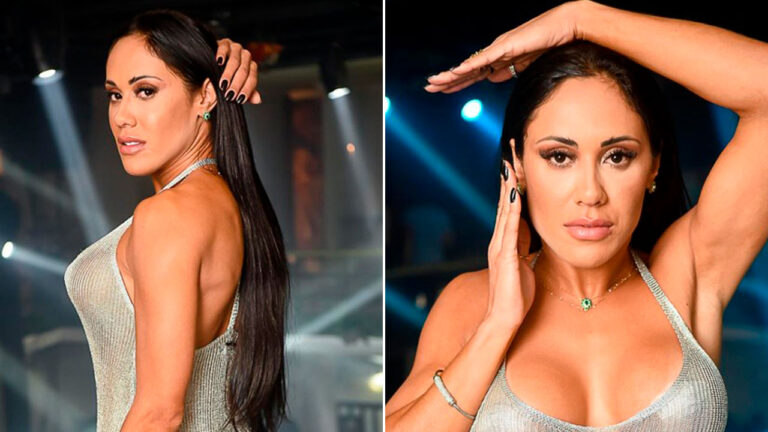 Thalita Souza posa em montagem com dois ângulos, veste top prateado brilhante, exibe cabelos longos escuros, unhas pretas e fundo com luzes de estúdio