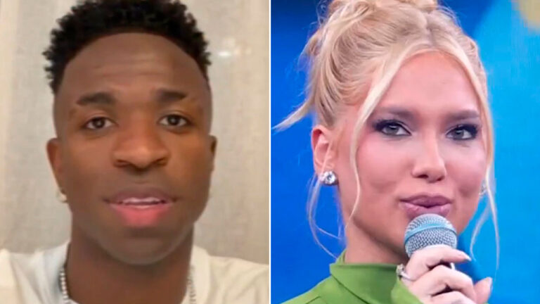 Montagem com jogador Vini Jr à esquerda em vídeo de fundo neutro e Virginia Fonseca à direita segurando microfone azul em cenário de estúdio de TV