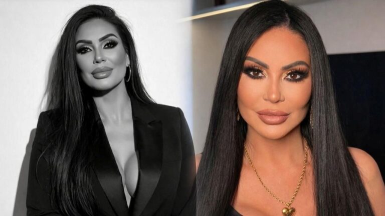 Montagem com Ana Paula Oliveira em duas fotos, uma em preto e branco com blazer decotado e outra colorida com cabelos pretos lisos e colar de coração dourado