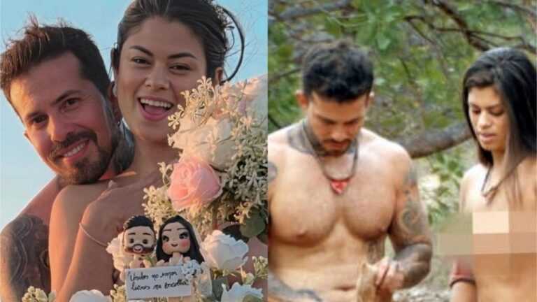 Montagem com Arthur O Urso, à esquerda sorri ao lado de mulher com buquê de flores, à direita aparece sem camisa em área externa, com tatuagens visíveis nos braços e peito