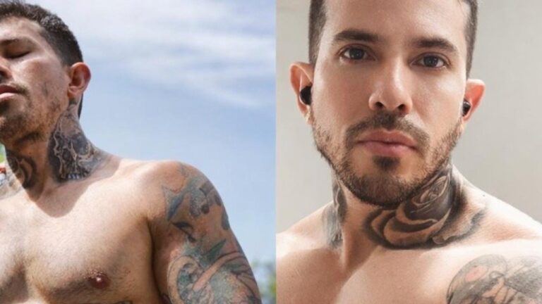 Arthur O Urso aparece em montagem com duas fotos sem camisa exibindo tatuagens no braço e pescoço em fundo externo e interno