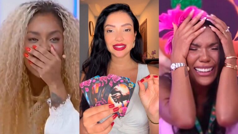 Cariúcha cobre a boca e sorri à esquerda, Júlia Costa segura cartas de tarô ao centro e Carol Lekker chora com as mãos na cabeça à direita na montagem