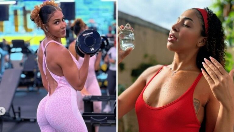Emelly Souza levanta halter em academia usando conjunto rosa e aparece em outra imagem aplicando perfume com roupa vermelha ao ar livre