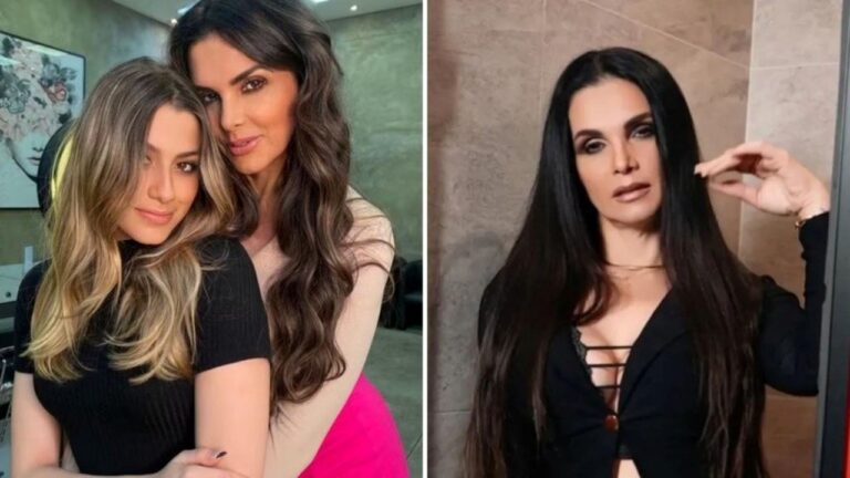 Gabriela Ambiel e Luiza Ambiel posam juntas à esquerda com cabelos ondulados, Luiza veste rosa; à direita, Luiza Ambiel aparece sozinha com blazer preto decotado e longos cabelos lisos clara