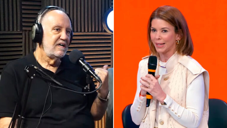 Homero Salles fala ao microfone de um podcast usando fones, enquanto Daniela Beyruti segura um microfone em palco com fundo laranja em montagem