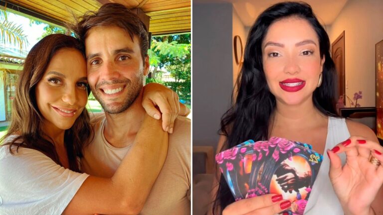 Montagem com Ivete Sangalo e Daniel Cady abraçados em ambiente externo à esquerda, e a vidente Júlia Costa segurando cartas de tarô à direita