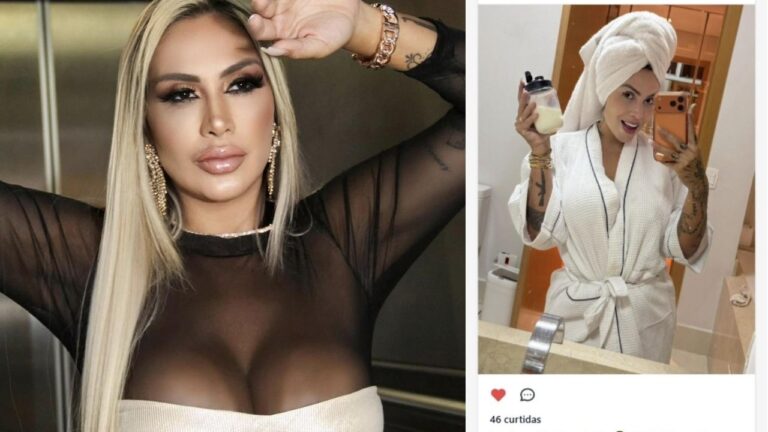 Juju Ferrari posa em montagem, à esquerda usa blusa preta transparente e brincos longos, à direita veste roupão branco e toalha na cabeça em banheiro