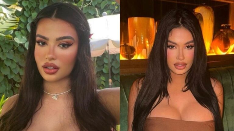 Júlia Medeiros em montagem de fotos com cabelos longos e escuros, usando gargantilha de borboleta em ambiente externo e blusa marrom em local fechado