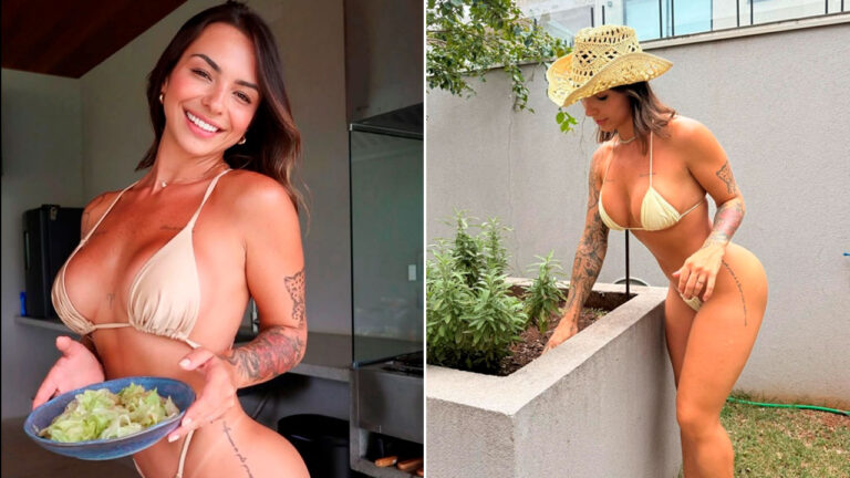 Montagem da influenciadora Karol Rosalin, à esquerda segura prato com salada, à direita usa chapéu de palha e cuida de plantas, veste biquíni bege claro e exibe tatuagens nos braços
