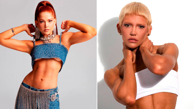 Montagem de fotos mostra Letícia Augustin com cabelos ruivos longos e top jeans à esquerda, e com cabelos loiros curtíssimos e top branco à direita