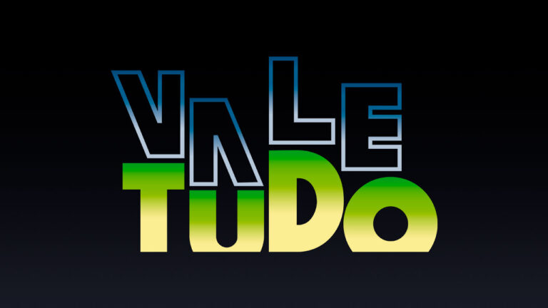 Logotipo da novela Vale Tudo com a palavra Vale em tons de azul metálico e Tudo em degradê verde e amarelo, sobre um fundo preto sólido e liso