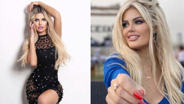 Marina Smith, com cabelos loiros longos, aparece em montagem de duas fotos: à esquerda com vestido preto rendado e à direita com blusa azul vibrante