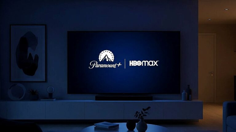 Tela de televisão exibe logotipos do Paramount Plus e HBO Max em sala de estar com luz baixa