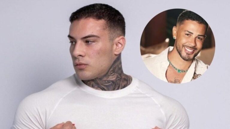 Rafa Marttinz com camisa branca e tatuagens no pescoço olha para o lado ao lado de foto de Carlinhos Maia sorrindo em destaque circular