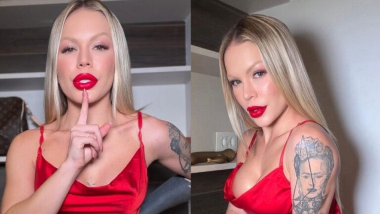 Ravena Hanniely em montagem de fotos de cabelos loiros e batom vermelho, usando vestido de cetim vermelho e exibindo tatuagem de Frida Kahlo no braço