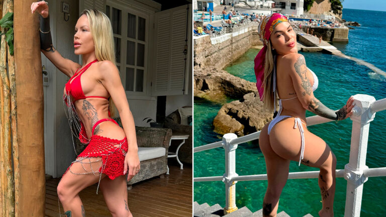 Ravena Hanniely posa de biquíni vermelho em varanda de madeira à esquerda e, à direita, usa biquíni branco e lenço rosa em deck com vista para o mar azul