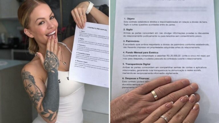 Ravena Hanniely sorri segurando contrato pré-nupcial, ao lado detalhe de mãos com alianças sobre documento que cita fundo mensal de 25 mil reais