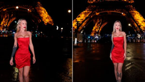 Ravena Hanniely caminha com vestido tomara que caia vermelho curto e batom da mesma cor, sob a iluminação noturna da Torre Eiffel dourada em Paris