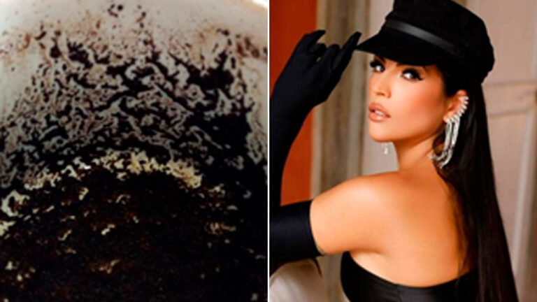 Montagem mostra borra de café no fundo de uma xícara branca à esquerda e a modelo Rosana Ferreira de perfil, usando boina, luvas e brincos prateados