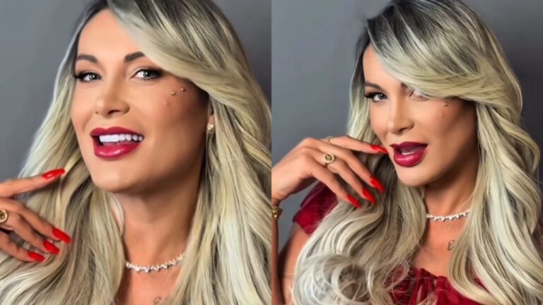 Andressa Urach em montagem com duas poses usando vestido vermelho cabelo loiro longo e unhas vermelhas em ensaio fotográfico