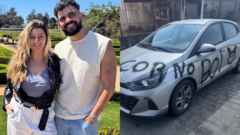 Bela Mantovani e Vagner Macedo sorriem em jardim enquanto ao lado aparece carro prata pichado com as palavras corno e boi com desenho de chifres