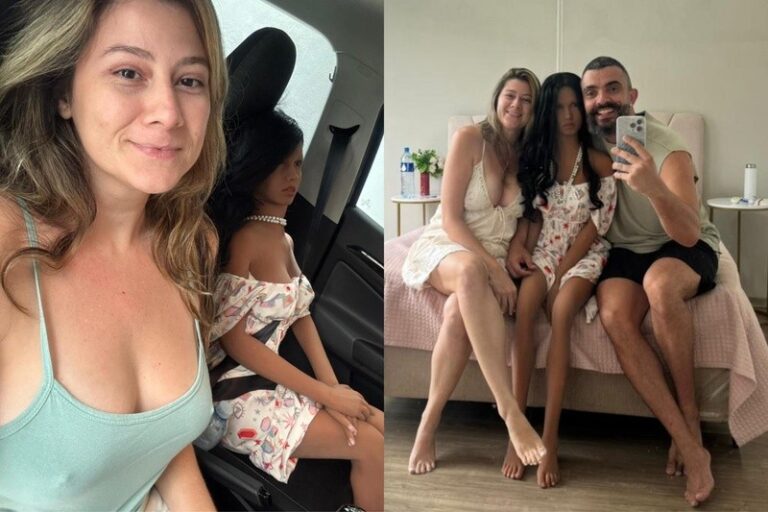 Bella Mantovani tira selfie em carro ao lado de menina e aparece com Vagner Macedo e criança sentados em cama em foto em casa