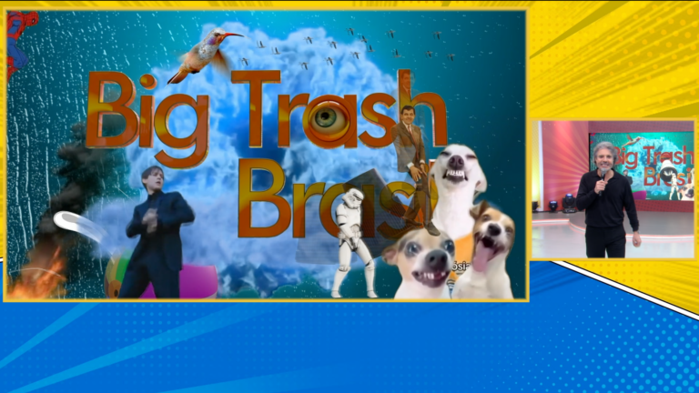 Foto do reality show Big Trash Brasil, em divisão de tela com o apresentador João Kleber.