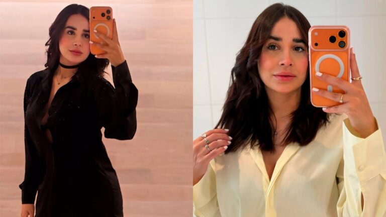 Bruna Pinheiro posa em duas selfies no espelho usando celular com capinha laranja vestindo looks preto e claro em ambiente interno