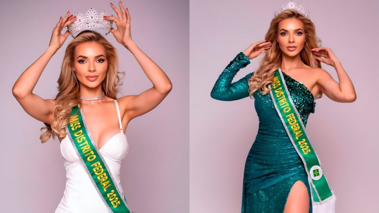 Josi Oliveira usa faixa de Miss Distrito Federal 2025 e ajusta coroa em ensaio com dois looks distintos em fundo neutro