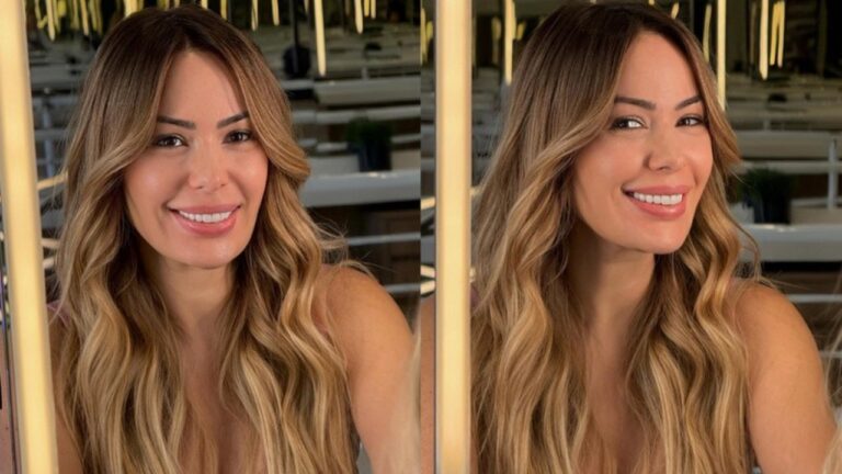 Ju Isen posa sorrindo em duas fotos lado a lado com cabelo longo ondulado em ambiente interno com espelhos ao fundo