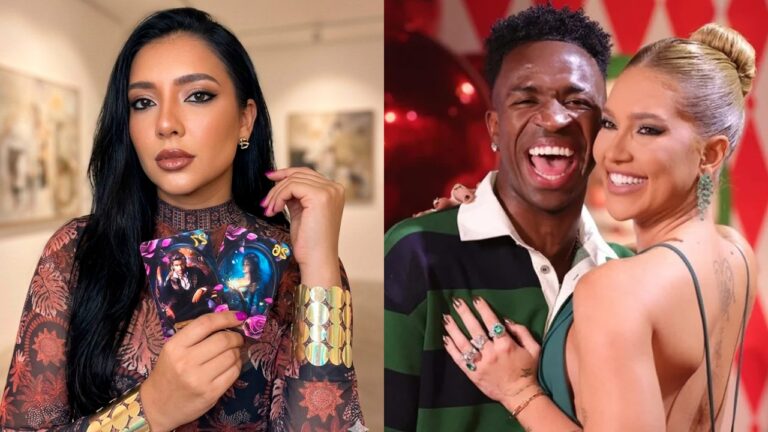 Júlia Costa segura cartas em retrato enquanto Virgínia Fonseca abraça Vini Jr. sorrindo em evento com fundo decorado