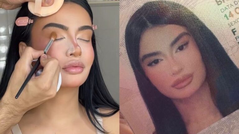 Júlia Medeiros recebe maquiagem com pincel no rosto em preparação enquanto ao lado aparece foto de documento com seu retrato