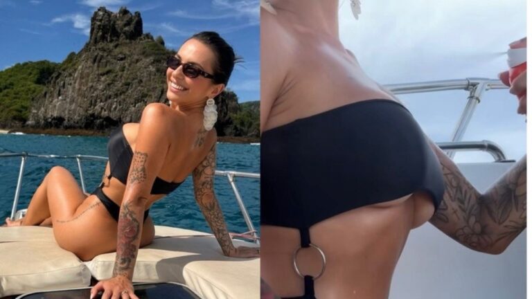 Karol Rosalin posa de biquíni preto em lancha no mar com ilha ao fundo e aparece em close do corpo em montagem lado a lado