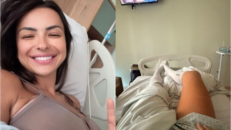 Montagem mostra Karol Rosalin sorrindo em cama de hospital e imagem de suas pernas com meias de compressão durante internação