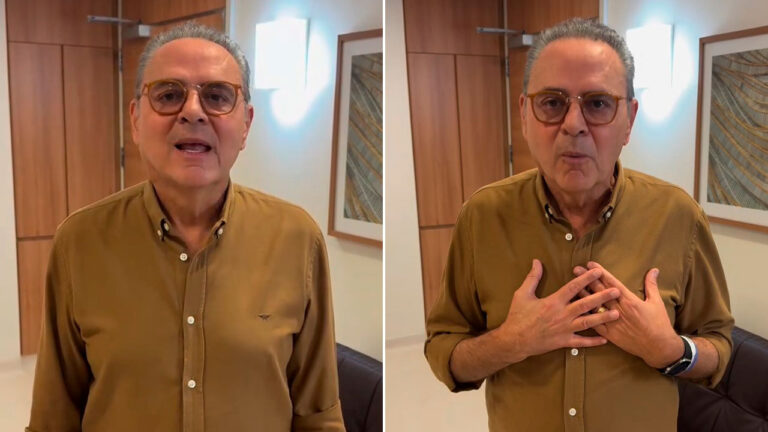 Luis Roberto fala à câmera em ambiente interno com camisa marrom e óculos em montagem com dois momentos do mesmo vídeo