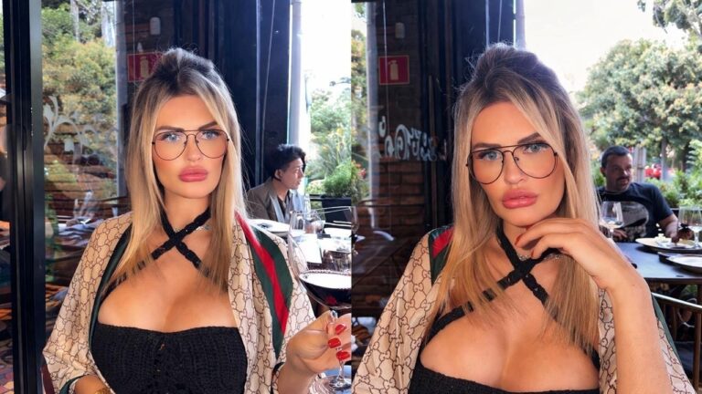 Marina Smith posa em restaurante com taça de vinho na mão e óculos, em montagem com duas fotos semelhantes lado a lado