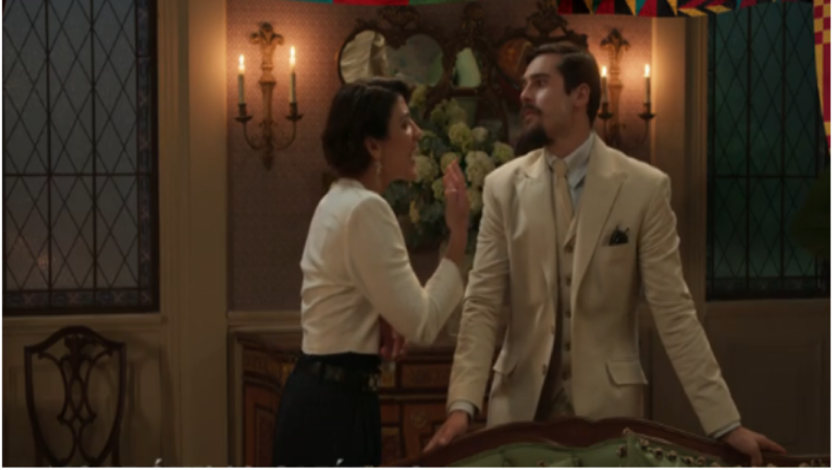 Mirinho encontra Adalgisa na casa de Virgínia e tenta disfarçar que conhece a moça em A Nobreza do Amor