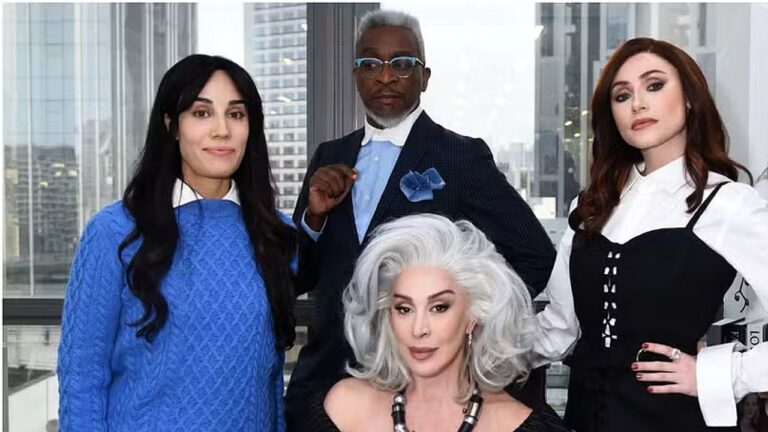 Quarteto posa em escritório com vista urbana ao fundo destacando estilo corporativo e moda sofisticada