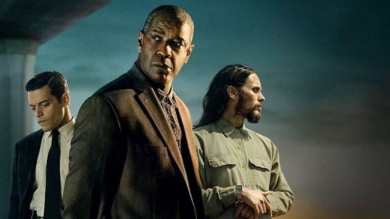 Denzel Washington entre Rami Malek e Jared Leto em cena do filme Os Pequenos Vestígios